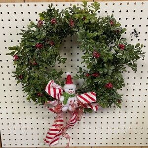 Handmade Holiday Wreath with Snowman and Red Berries 14 Inches